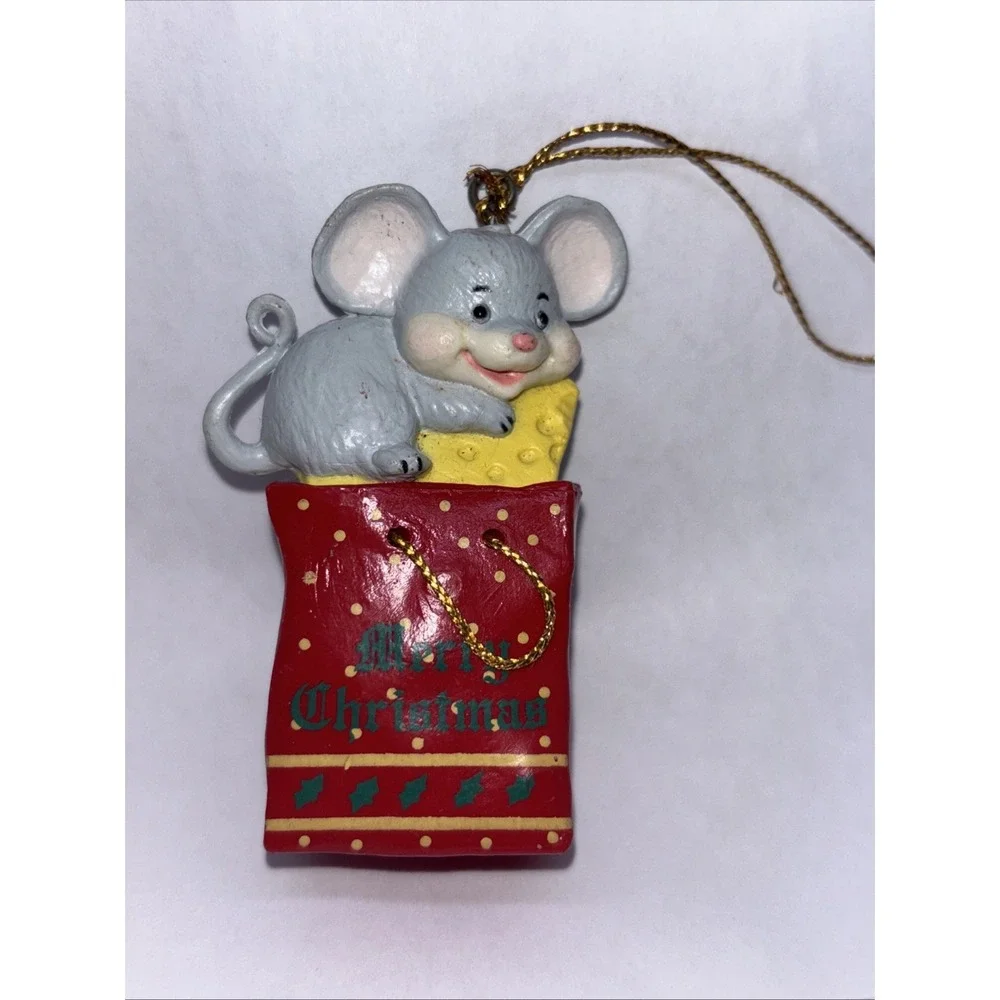 Vintage Christmas Ornament Mouse In Gift Bag W Cheese 3